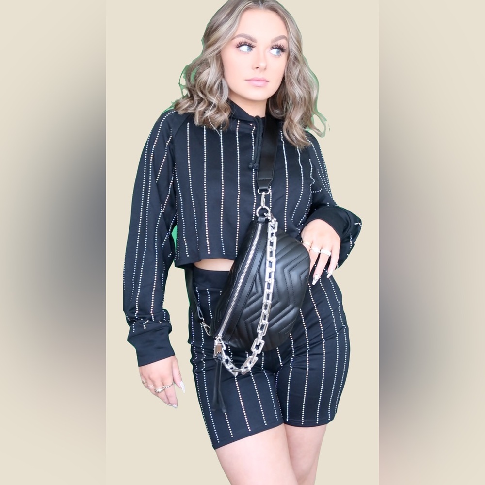 Black Striped Two-Piece Set with Chain Bag